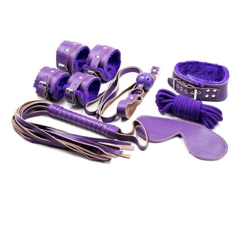 Set Bdsm 7 Piezas Esposas Latigo Bondage Cuerda Cuero Mli VIOLETA