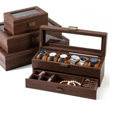 Organizador De 6 Relojes con Cajon Alajero Madera Y Terciopelo Vidrio Premium