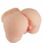 Realistic male masturbator with dual orifices and sound feature, dimensions 16 x 16 x 10 cm.