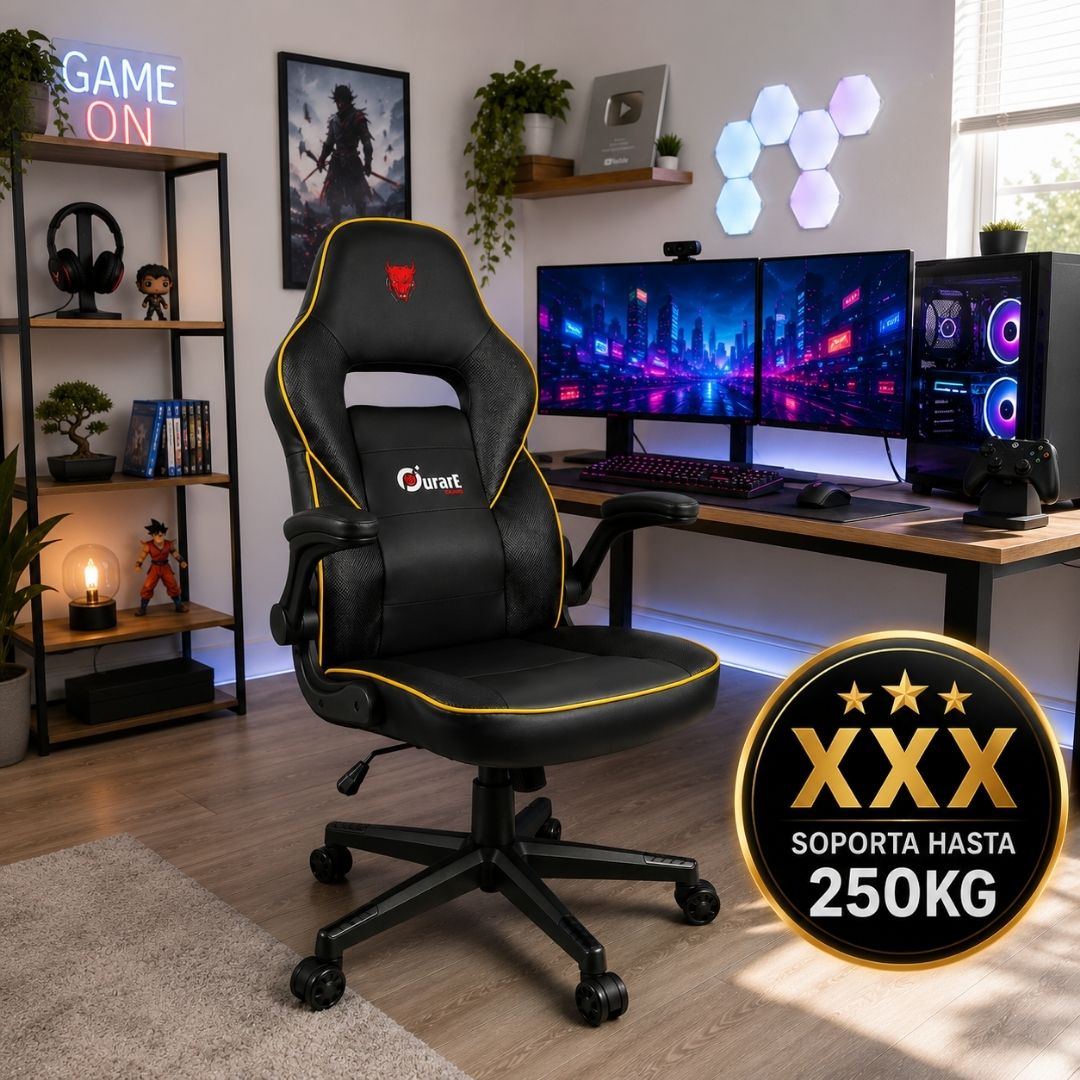 Silla Gamer Reforzada Hasta 250Kg Reclinable Ergonómica Ecocuero Con Apoyabrazos Rebatible Color Amarillo