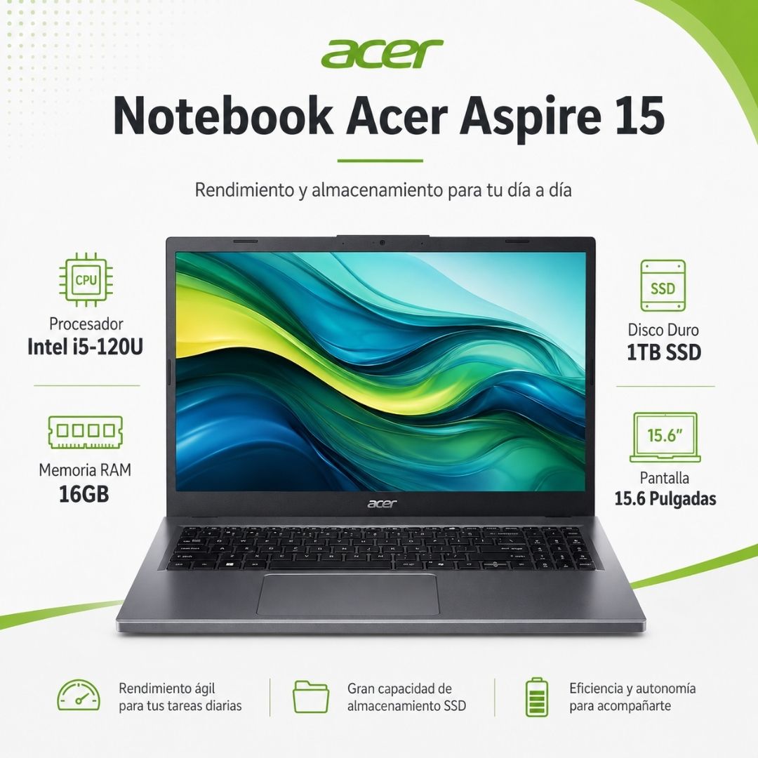 Notebook Acer Aspire Procesador I5 120u Memoria Ram 16gb Disco Duro 1tb M2 Ssd Pantalla 15.6 Pulgadas
