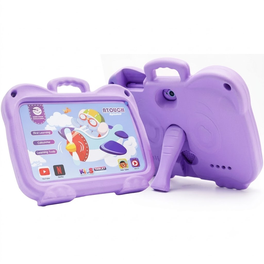 Tablet Infantil ATouch KT4 Lite Android 16 8GB 256GB Con Funda Goma EVA 7 Pulgadas Violeta